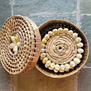 Woven Straw Basket From Martinique With Six Seashell Coasters.